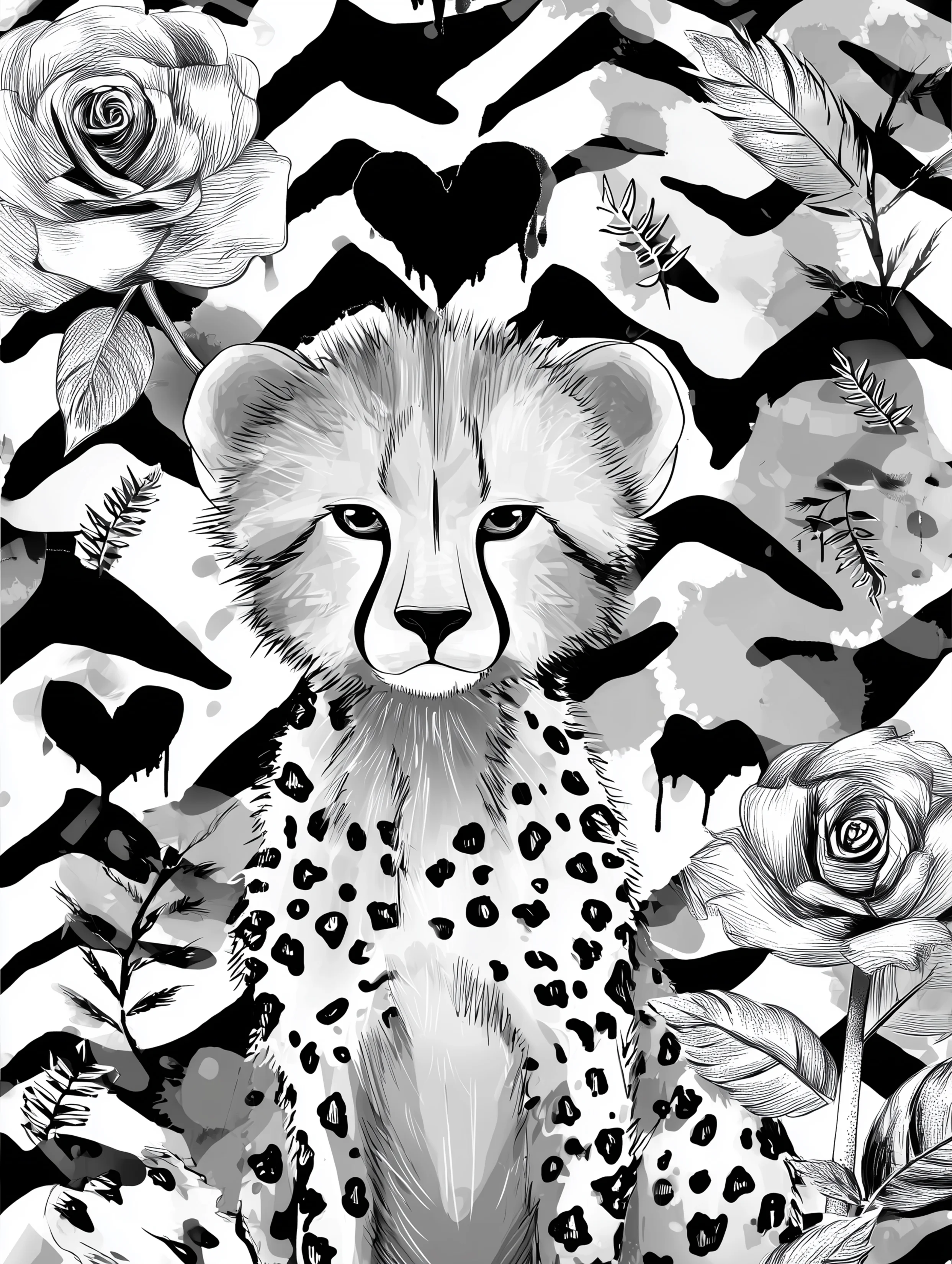 Free cheetah printable coloring page featuring a baby cheetah with flowers